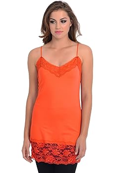 Lace Trim Long and Lean Cami Tank Top, S, Dark-Orange at